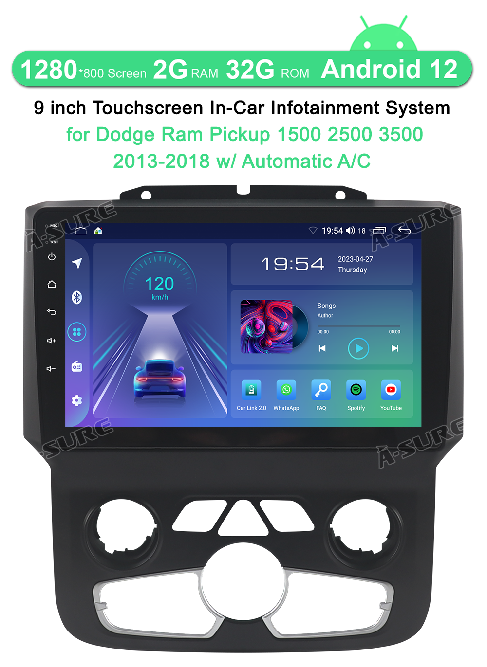 A-Sure GPS Dodge Ram 9 Zoll Autoradio Android 12 2+32GB