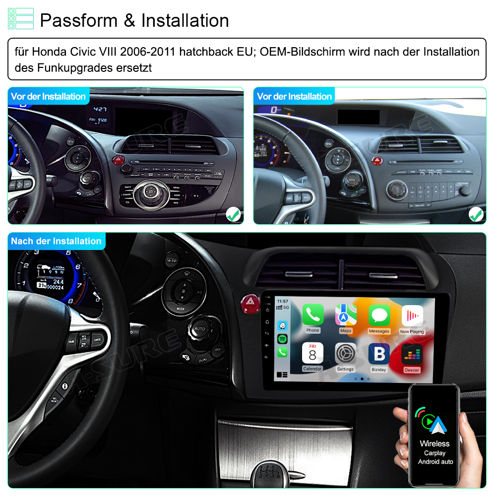 A-Sure GPS 9 Zoll Android 12 Autoradio Honda Civic 2+32GB CarPlay