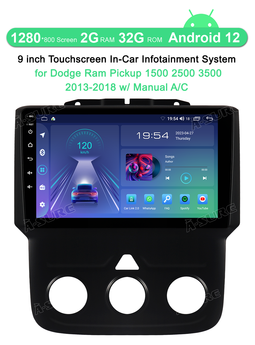 A-Sure GPS Autoradio Dodge Ram 9 Zoll 2+32GB CarPlay
