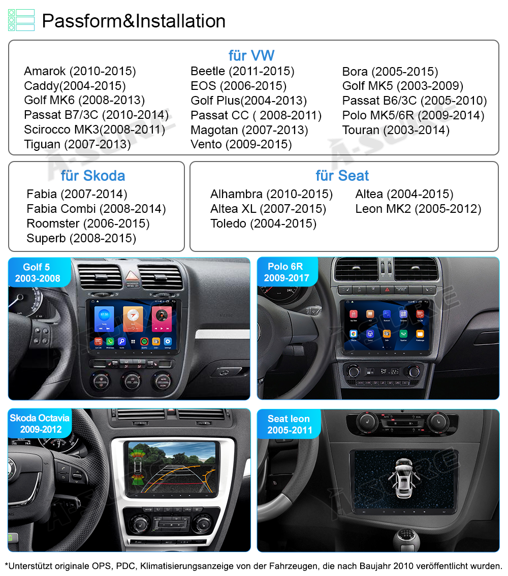 A-Sure GPS Autoradio 9 Zoll 2+32GB für Golf 5 6 Passat