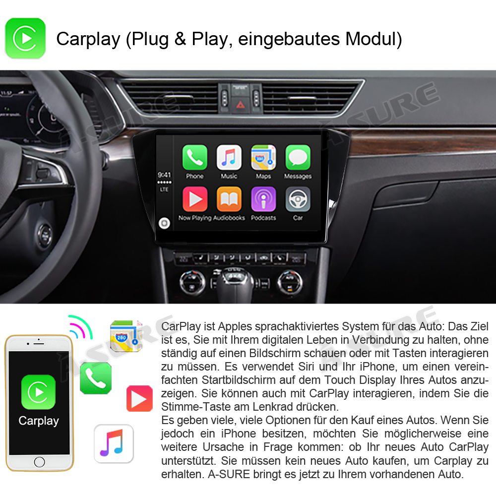 A-Sure Autoradio 9 Zoll Skoda Superb ab 2016 2+32GB Carplay