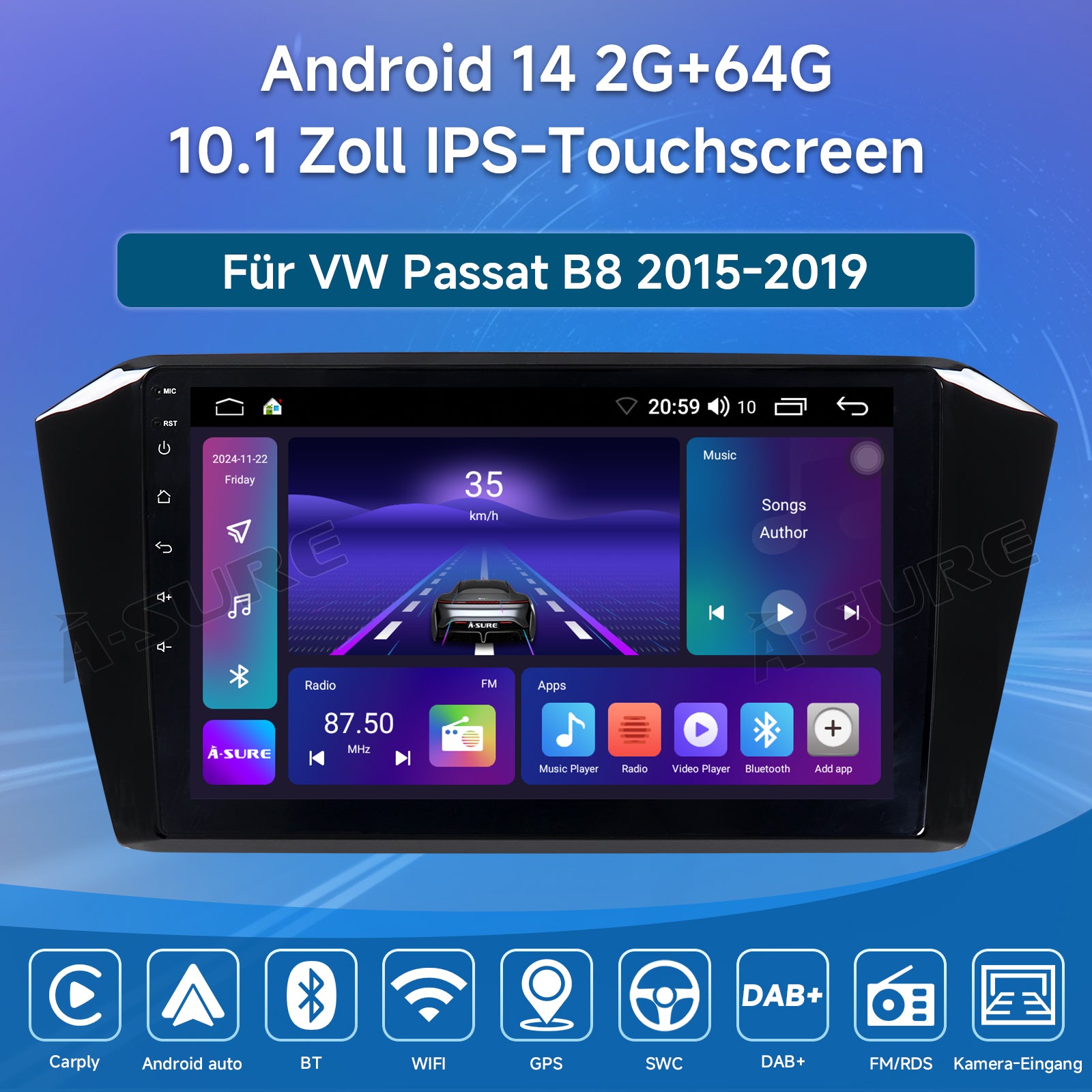 A-Sure GPS 10,1 Zoll Autoradio Passat B8 2+64GB CarPlay