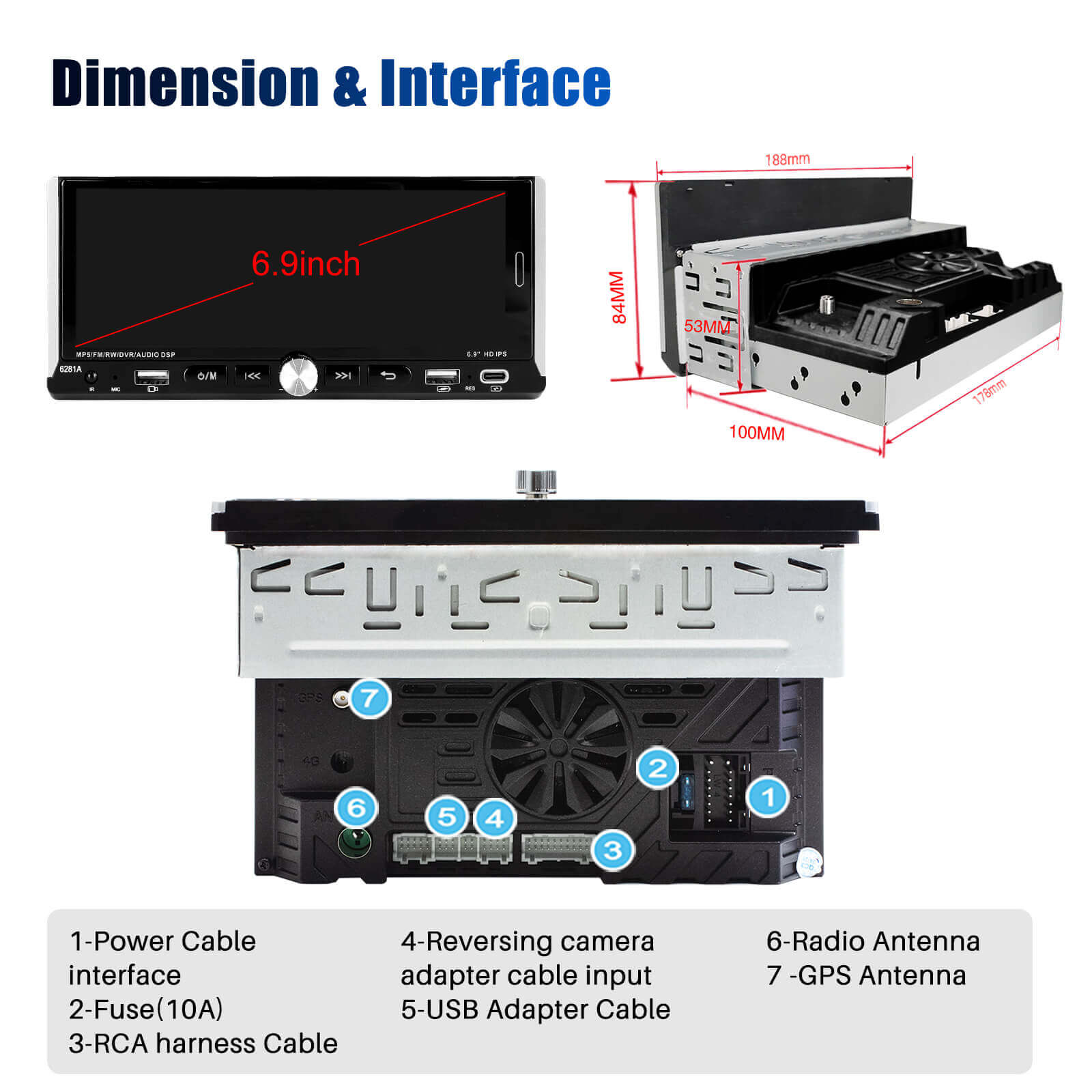 ESSGOO Car Stereo 6281A Autoradio 6,9 Zoll Single-DIN MP5