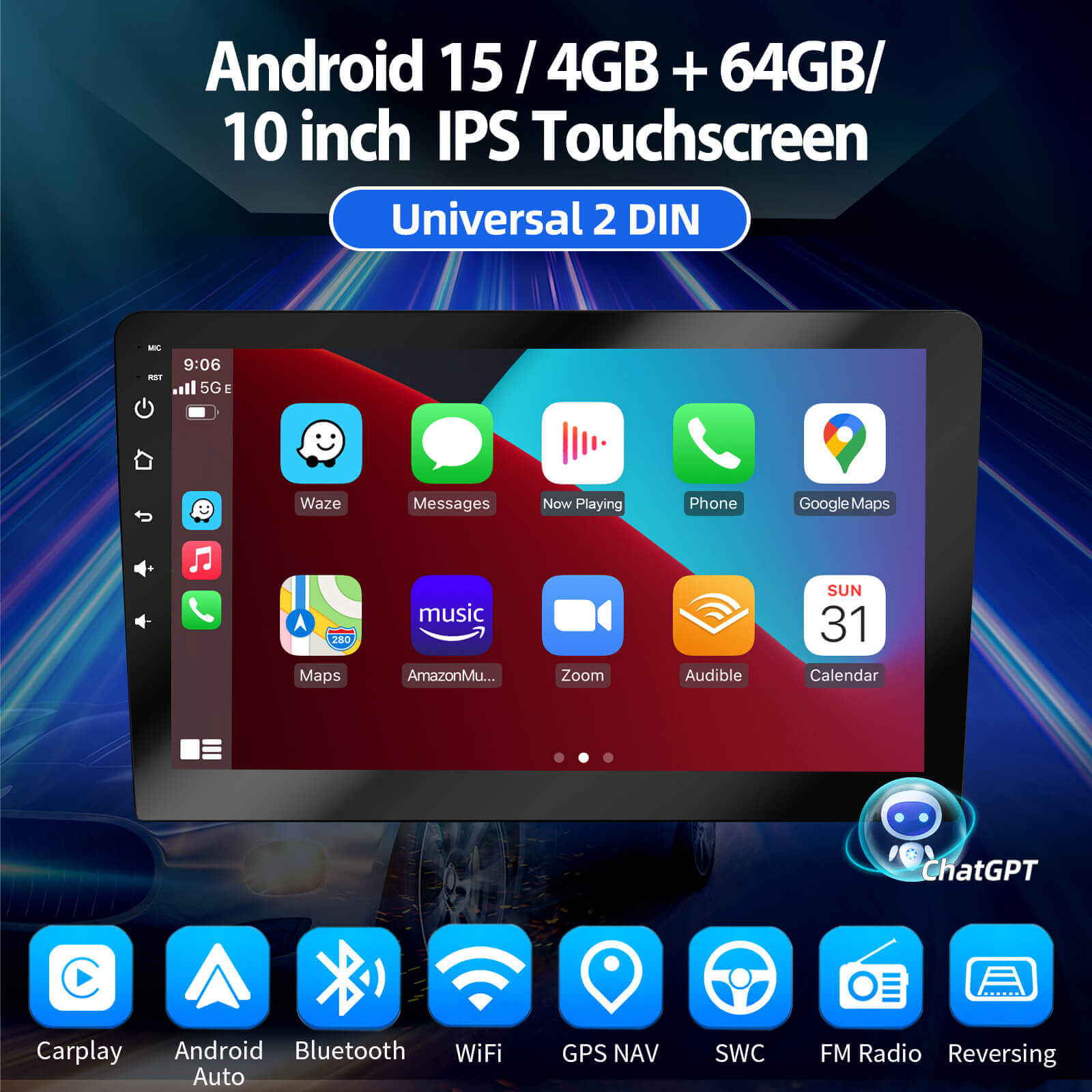 ESSGOO Car Stereo AR1001 MP5 Autoradio 10 Zoll Android 15 IPS