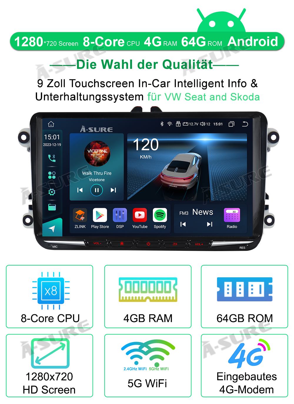 A-Sure GPS Autoradio 9 Zoll 4+64GB Android 13 für VW Golf