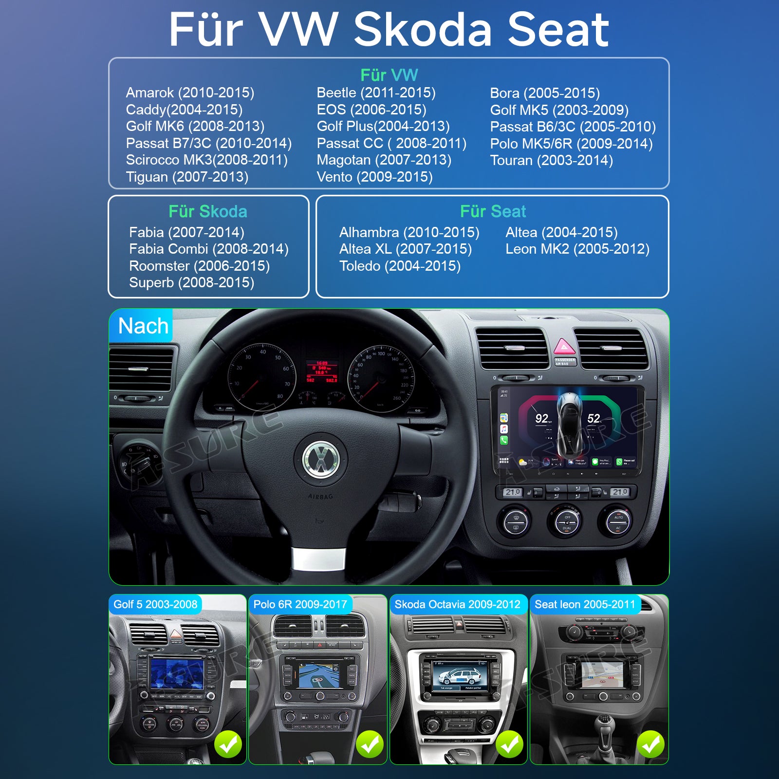 A-Sure GPS Autoradio VW 9 Zoll 4+64GB CarPlay