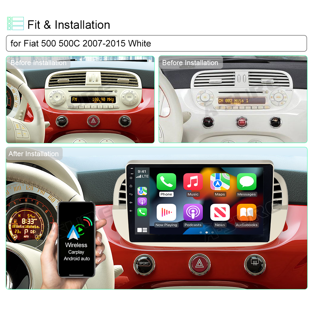 A-Sure GPS 9 Zoll Android Autoradio Fiat 500 500C Weiß 2+32GB