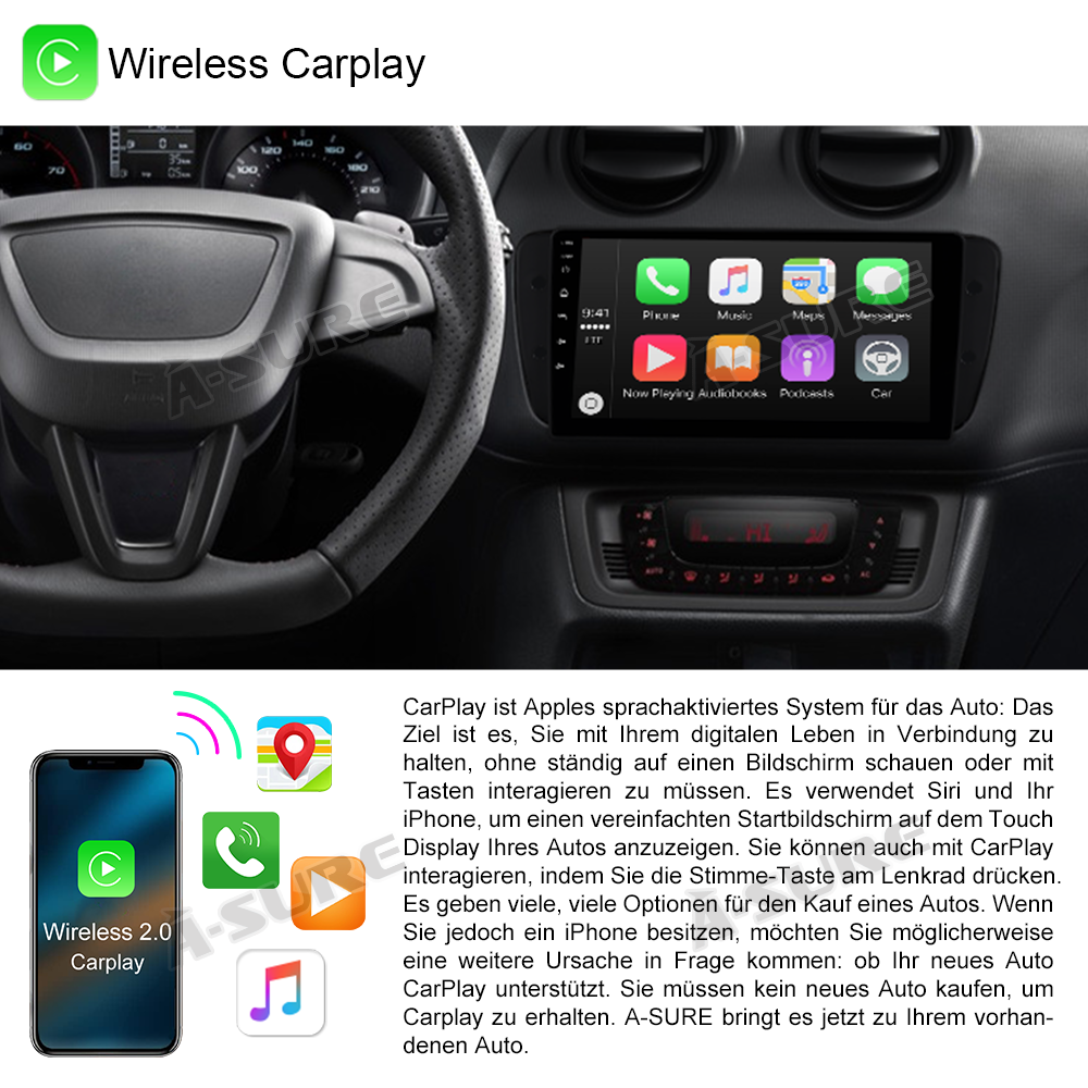 A-Sure GPS Seat Ibiza 6J Autoradio 9 Zoll 2+32GB CarPlay
