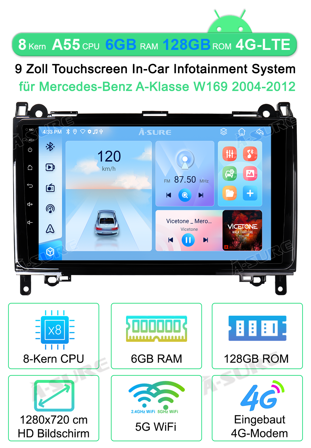 A-Sure GPS car radios 9 Zoll Android 15 Autoradio Mercedes 6+128GB