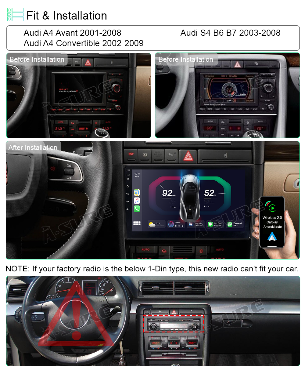 A-Sure GPS Autoradio Android 10 für Audi A4 B6 B7 32GB 4G