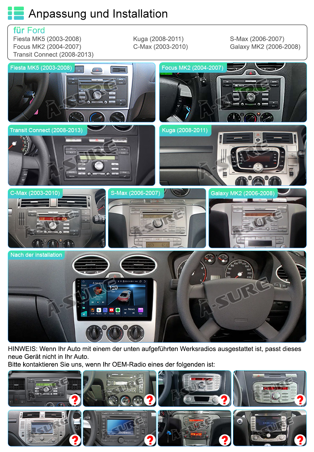 A-Sure Ford Autoradio 9 Zoll Android 13 4+64GB Wireless CarPlay