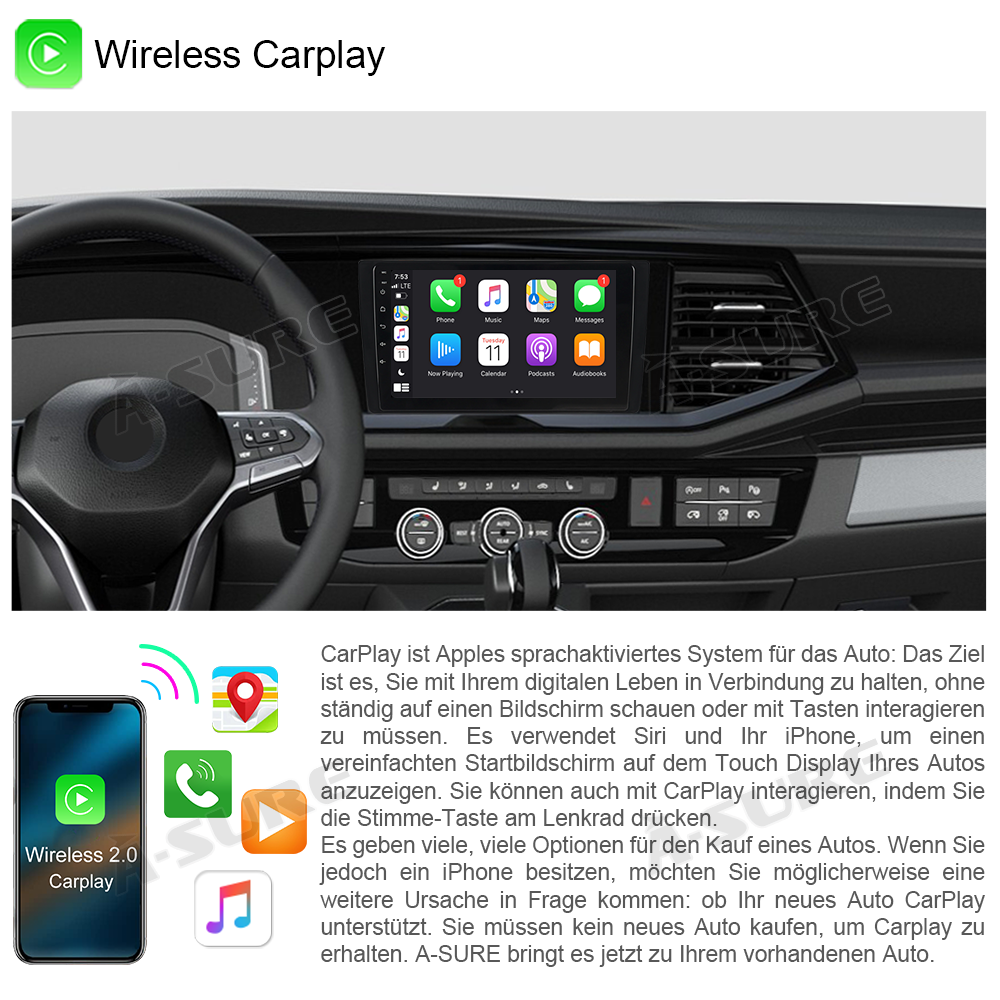 A-Sure GPS 9 Zoll 2+32GB Autoradio VW T6.1 Transporter CarPlay