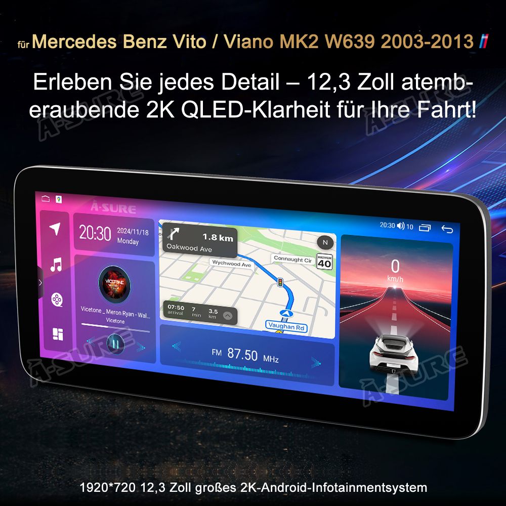 A-Sure GPS 12,3 Zoll 4+64GB Autoradio Vito W639 Android 14 CarPlay