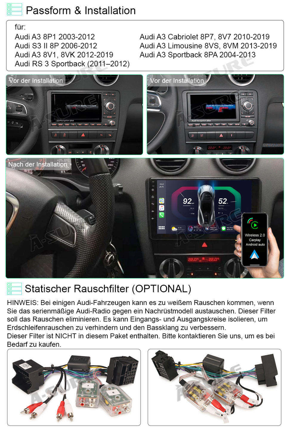 A-Sure Audi A3 S3 RS3 Autoradio Android 12 2+32GB CarPlay
