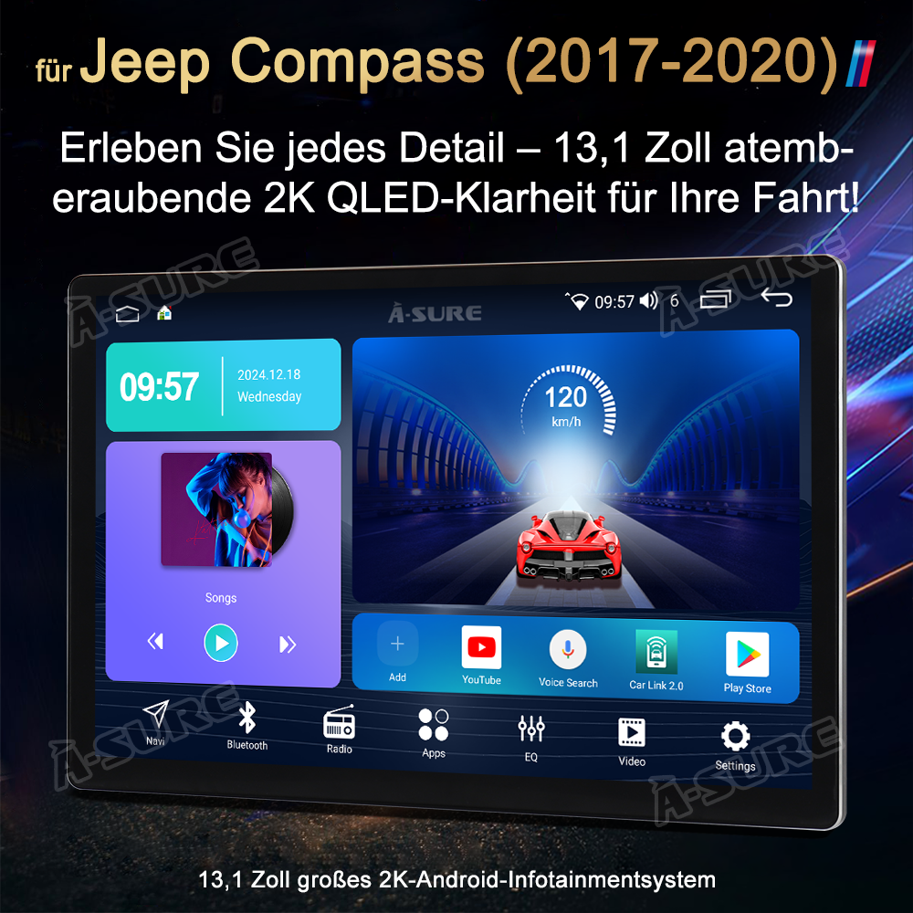 A-Sure GPS 13,1 Zoll Autoradio für Jeep Compass 4+64GB 2K