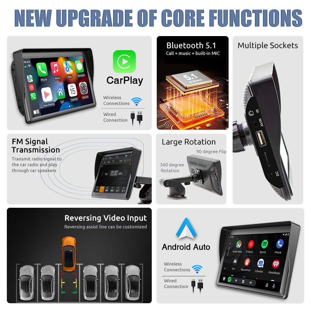 ESSGOO Portable CarPlay CarPlay-Display 7 Zoll kabellos Bluetooth FM