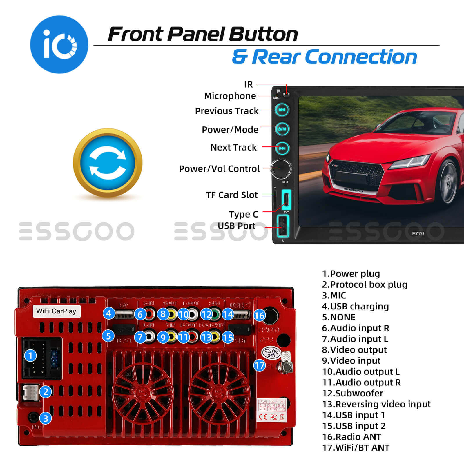 ESSGOO Car Stereo F770W 2 DIN Autoradio 7 Zoll Touchscreen