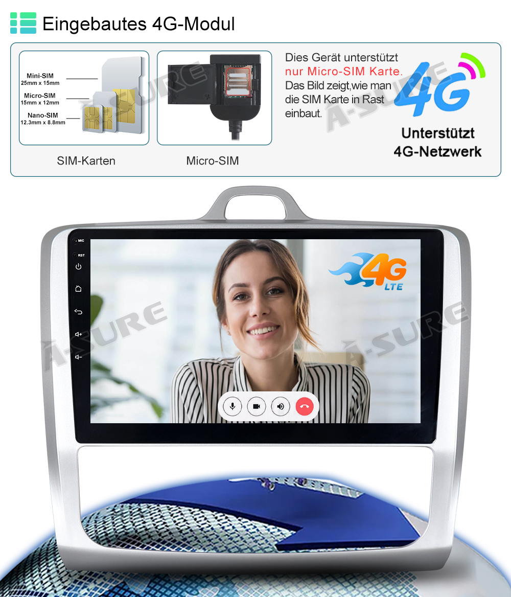 A-Sure GPS car radios Ford Focus MK2 Autoradio 9 Zoll CarPlay 4+64GB