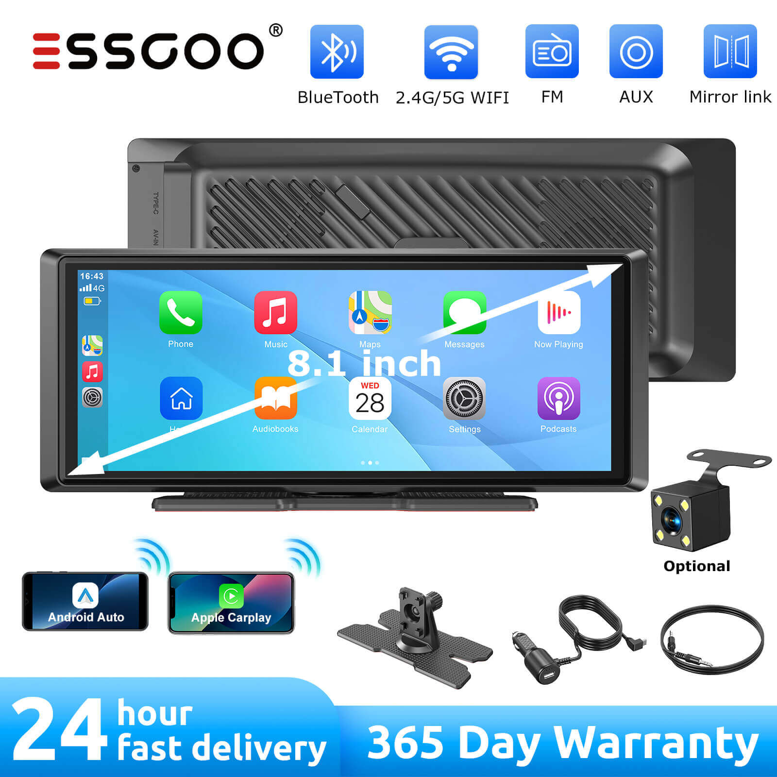 ESSGOO Portable CarPlay E40 CarPlay-Display 8,1 Zoll WLAN
