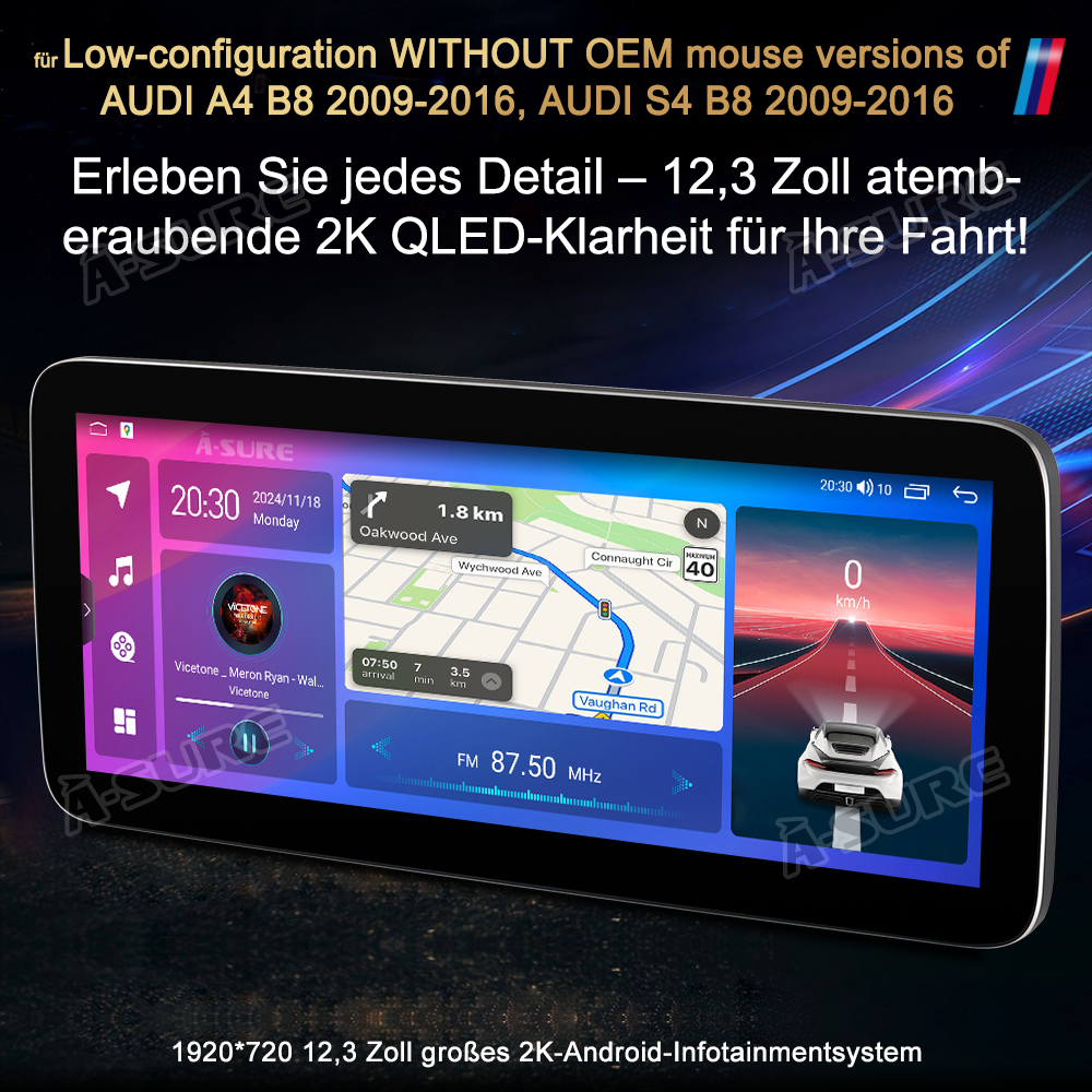 A-Sure GPS Audi A4 B8 12,3 Zoll Autoradio Android 14 4+64GB