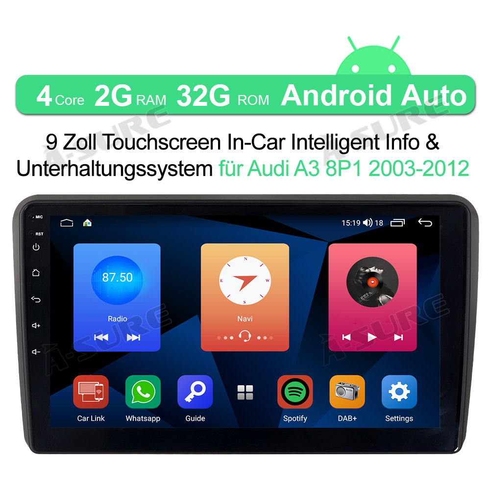 A-Sure GPS 9 Zoll Autoradio Audi A3 8P 8V 2+32GB DAB+