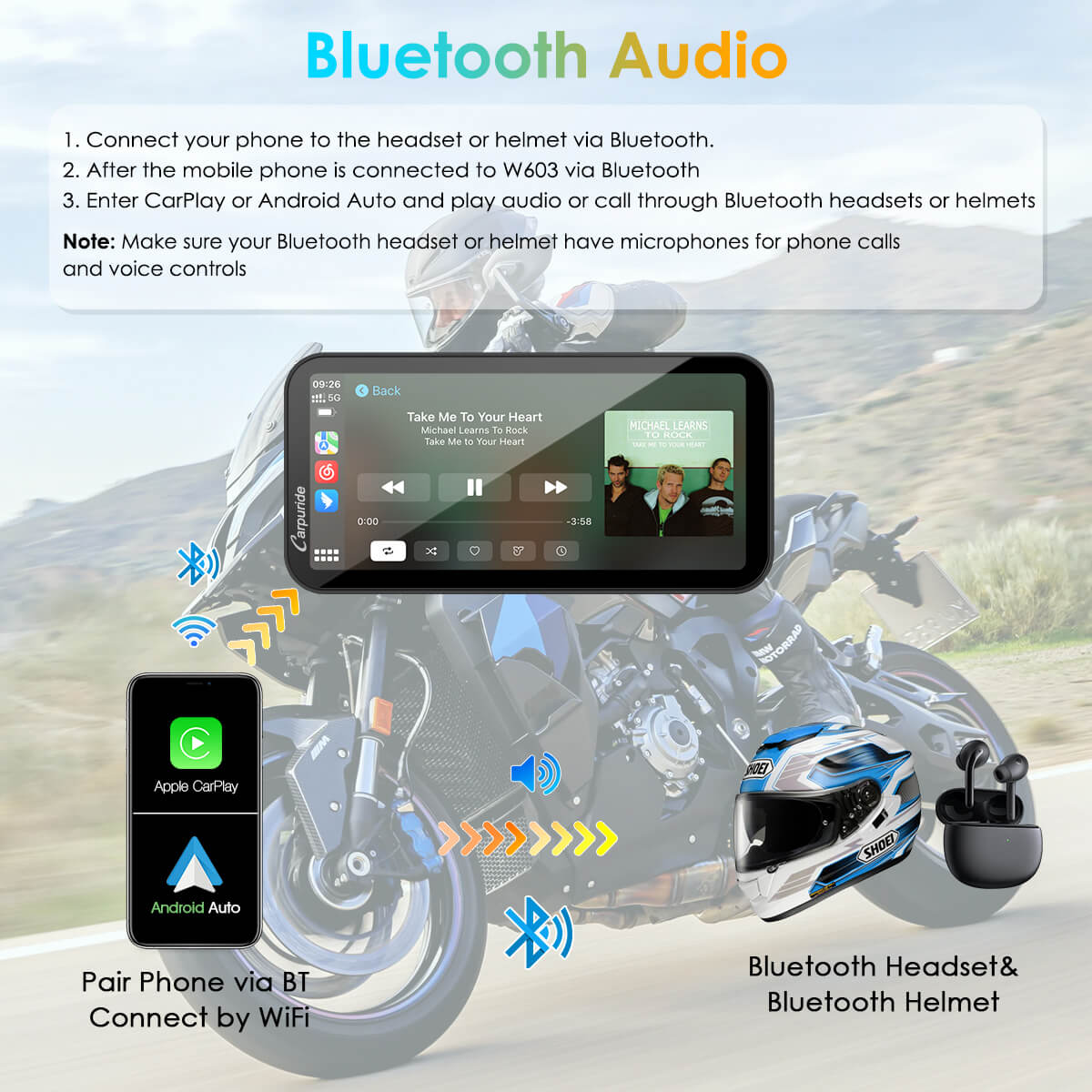 Carpuride W603 Motorrad CarPlay-Display IP67 wasserdicht