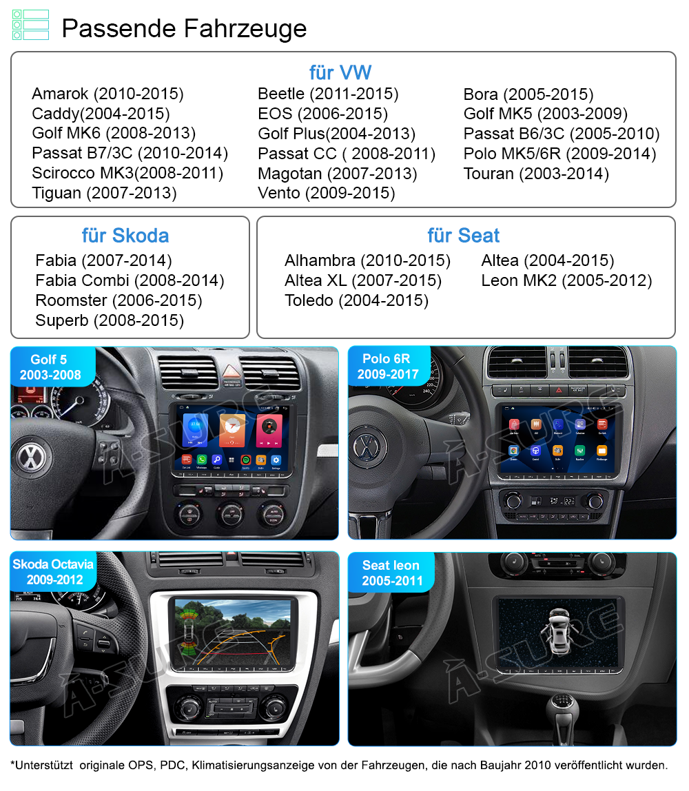A-Sure GPS car radios VW Autoradio 9 Zoll 2+32GB Wireless CarPlay