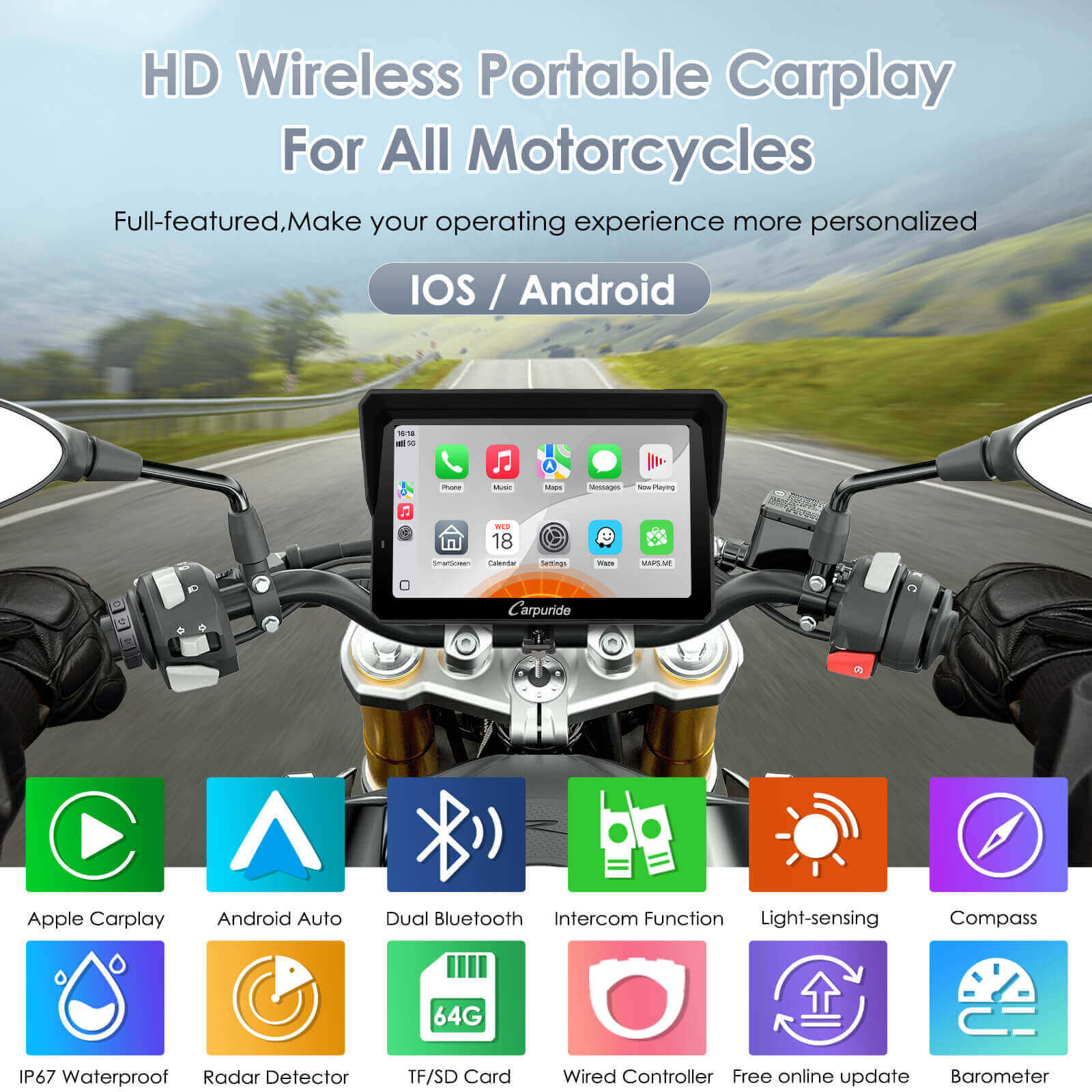 Carpuride 702RS Pro 7 Zoll Motorrad CarPlay-Display mit Radar BSD