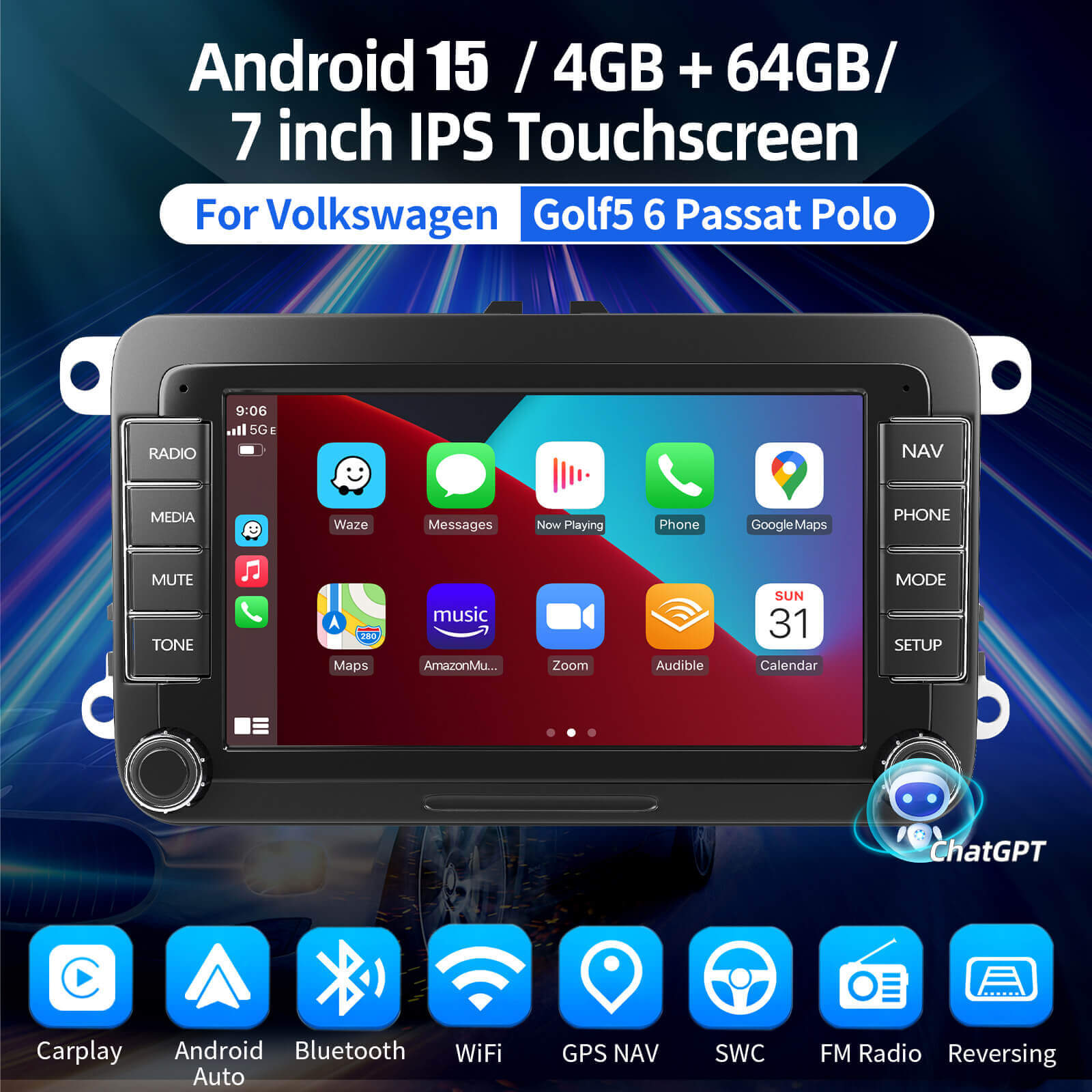 ESSGOO AR7002 MP5 Autoradio 7 Zoll für VW Golf 5 6 Android