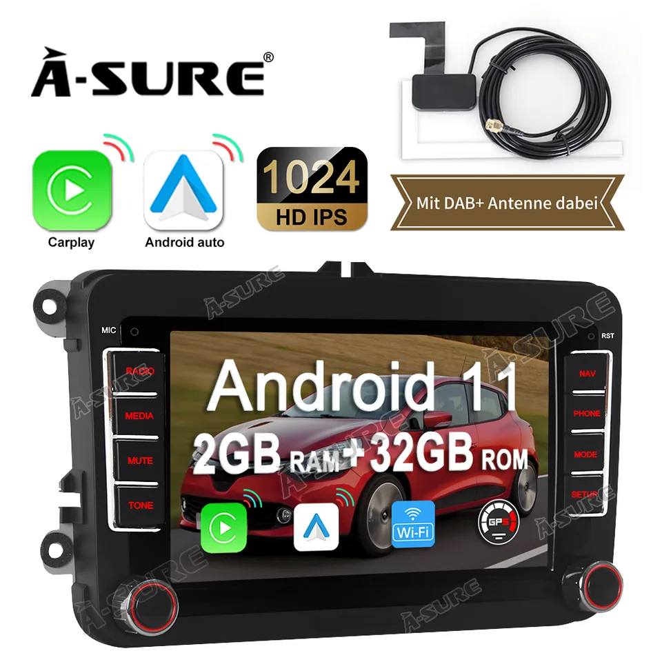 A-Sure GPS Autoradio 7 Zoll VW DAB+ 2+32GB Navi