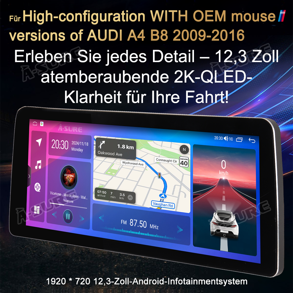 A-Sure GPS Autoradio Audi A4 B8 12,3 Zoll 4+64GB 2K