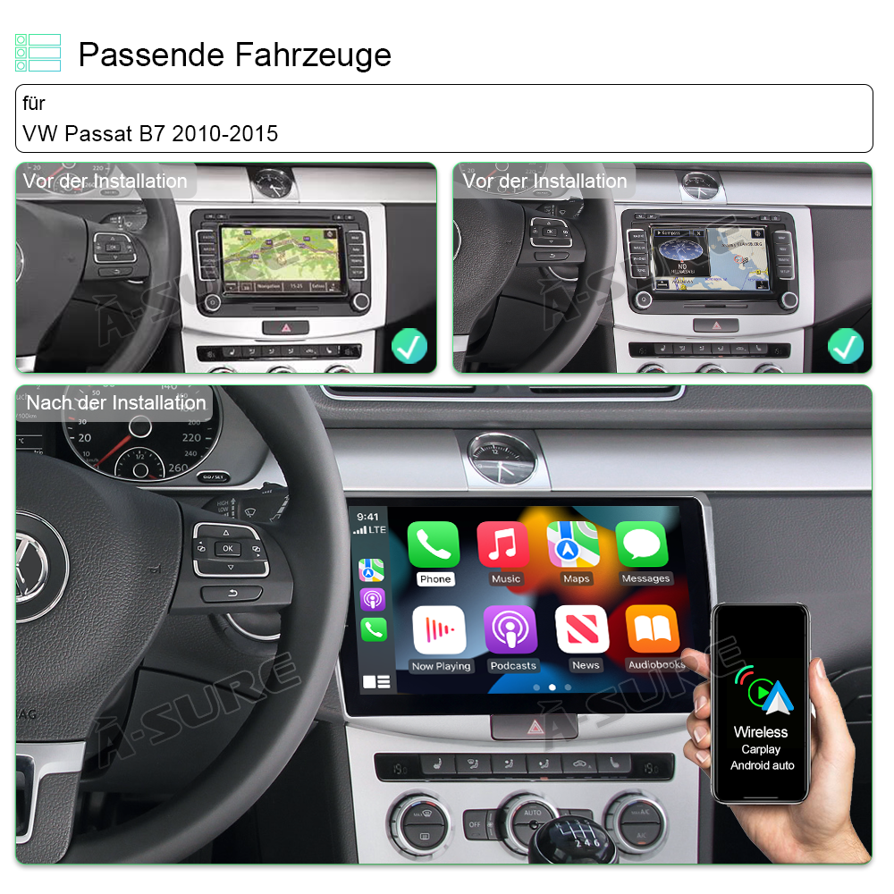 A-Sure GPS Autoradio 10 Zoll Android 11 VW Passat B7 6+128GB