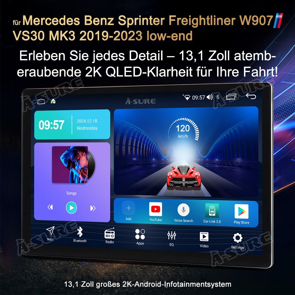 A-Sure 13,1 Zoll Android 14 Autoradio 4+64GB Sprinter W907