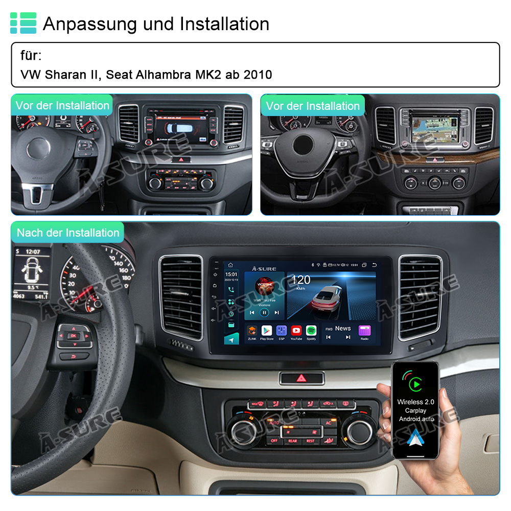 A-Sure GPS car radios 9 Zoll Android 14 Autoradio VW Sharan 4+64GB