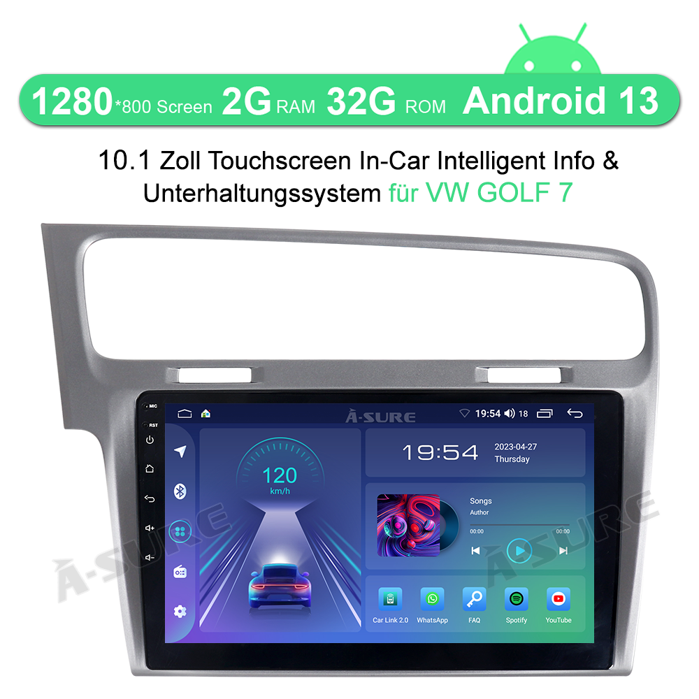 A-Sure GPS Autoradio VW Golf 7 10,1 Zoll Android 13 Schwarz