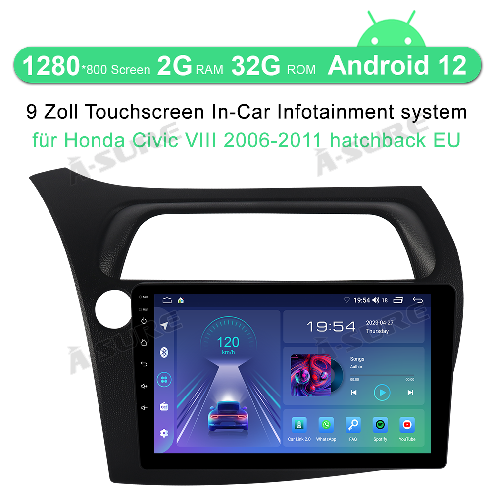 A-Sure GPS 9 Zoll Android 12 Autoradio Honda Civic 2+32GB CarPlay