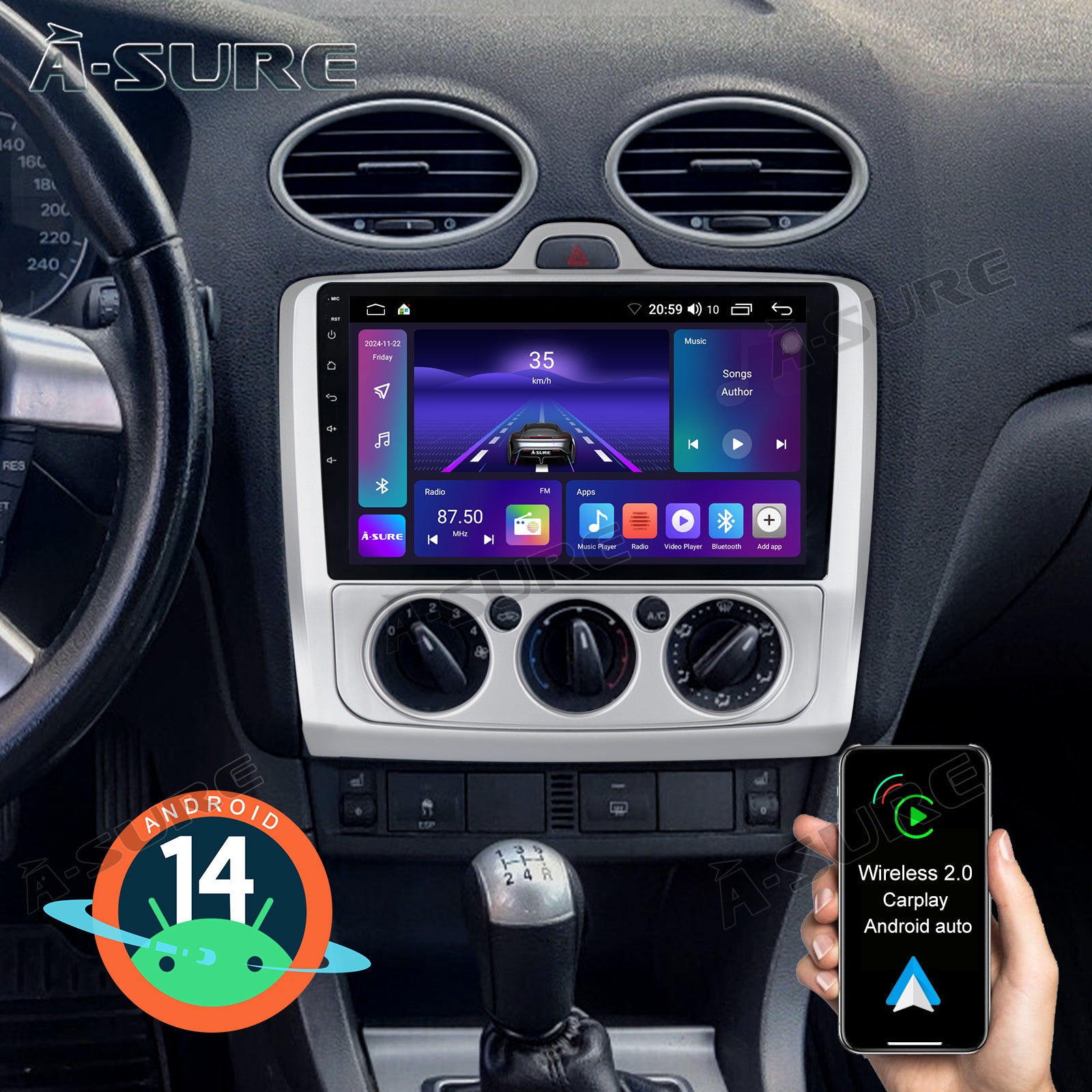 A-Sure GPS 9 Zoll 2+64GB Autoradio Ford Focus MK2 CarPlay