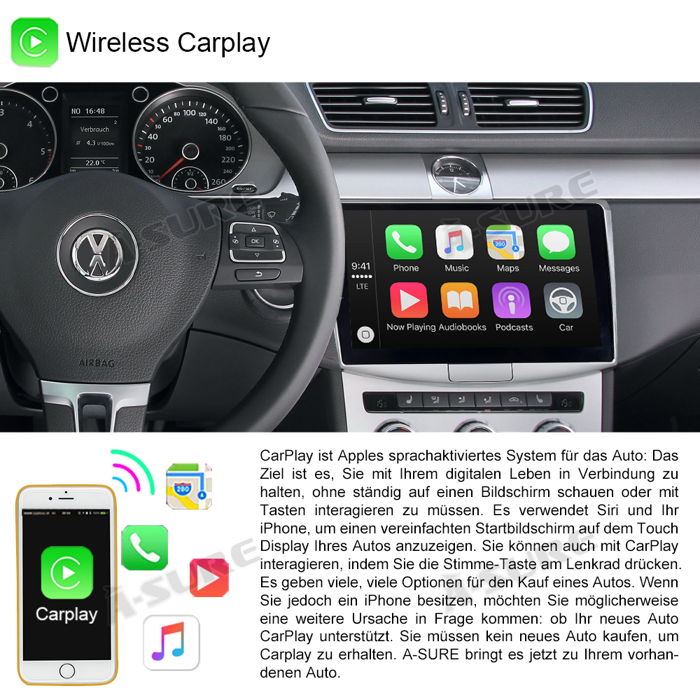 A-Sure GPS Autoradio 10 Zoll Android 11 VW Passat B7 6+128GB