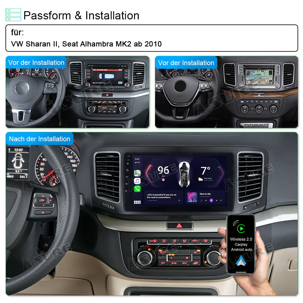 A-Sure Autoradio für VW Sharan II Alhambra 2+32GB CarPlay