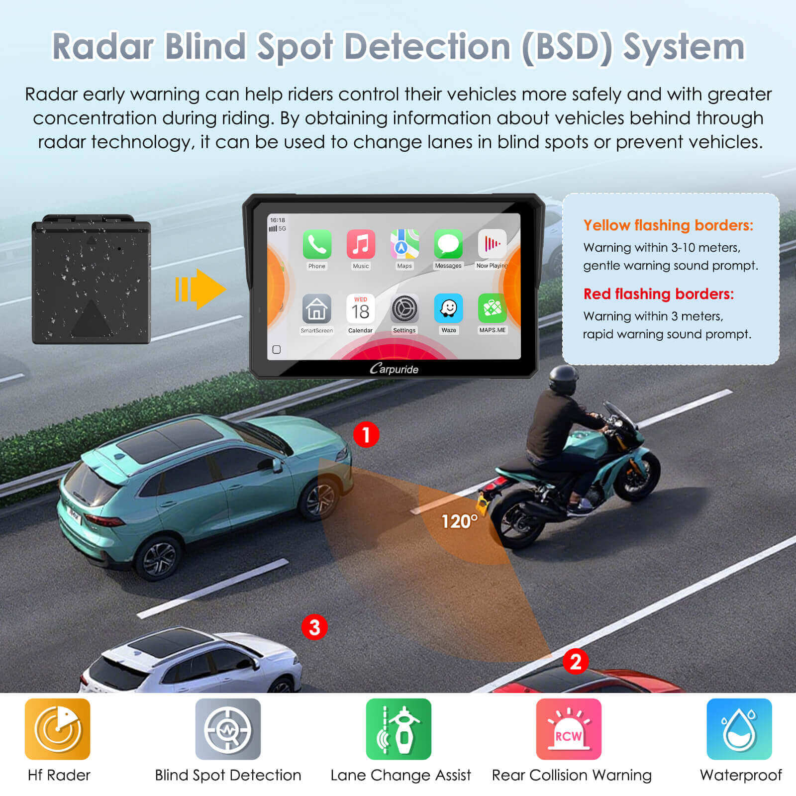 Carpuride 702RS Pro 7 Zoll Motorrad CarPlay-Display mit Radar BSD