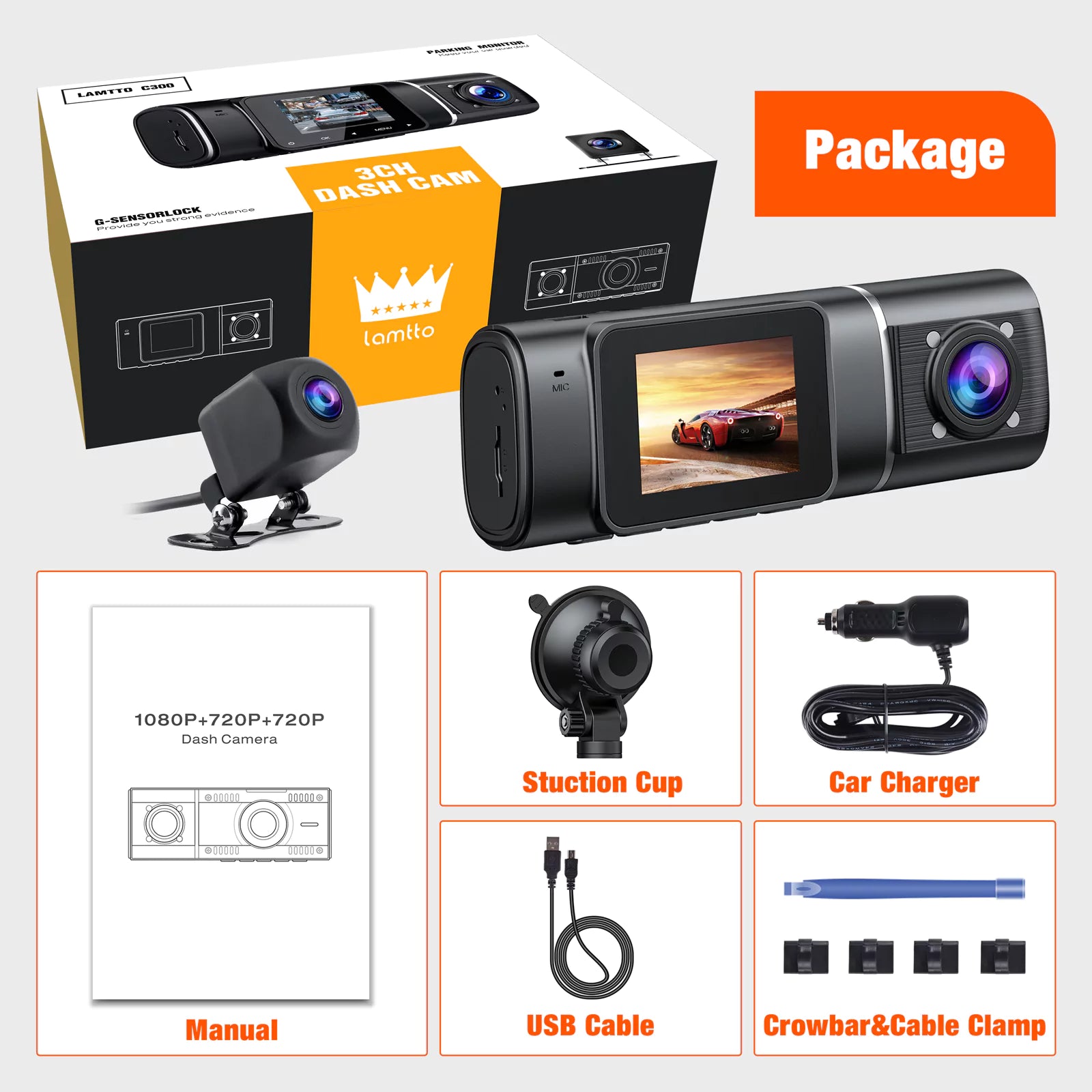 LAMTTO Dash Cam C300 3-Kanal Dashcam 64GB Innenkamera