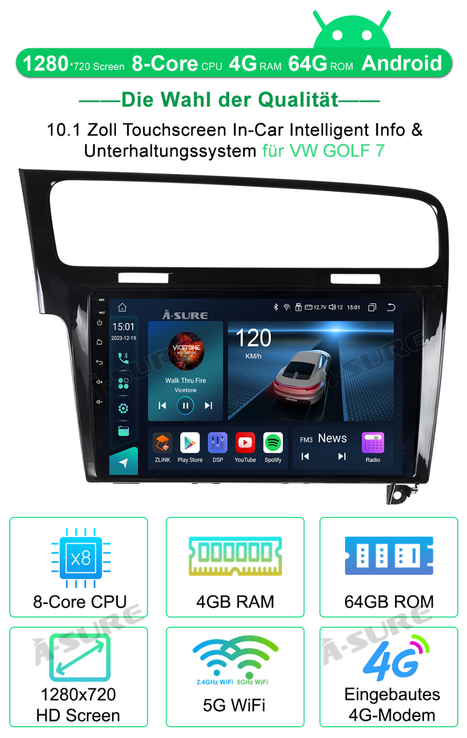 A-Sure Autoradio für VW Golf 7 4+64GB Android 13 CarPlay
