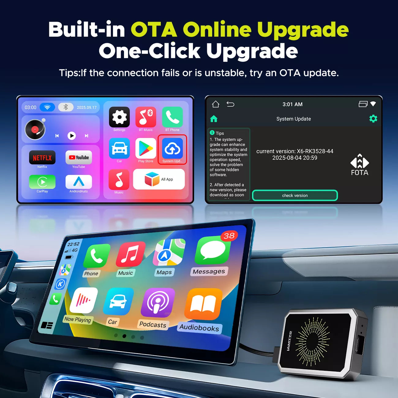 LAMTTO RC26 Wireless CarPlay AI Box mit Netflix Gemini HDMI