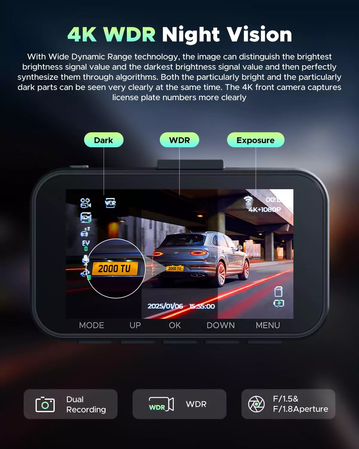 LAMTTO DC16 Dashcam 4K Front Heck 64GB WLAN