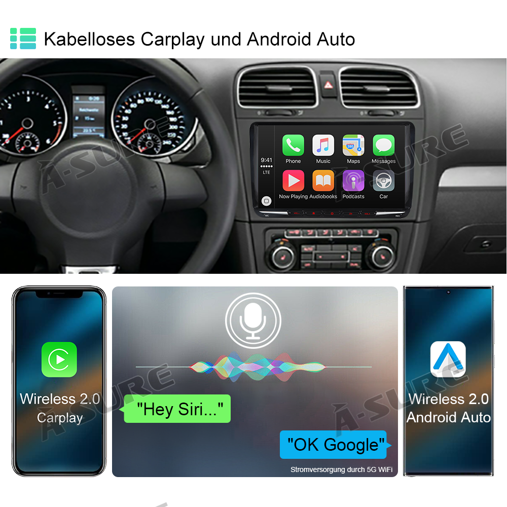 A-Sure GPS Autoradio 9 Zoll 4+64GB Android 13 für VW Golf