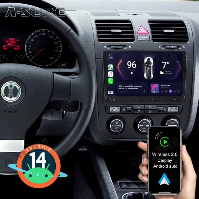 A-Sure GPS Autoradio 9 Zoll Android 14 VW Golf Passat 2+64GB