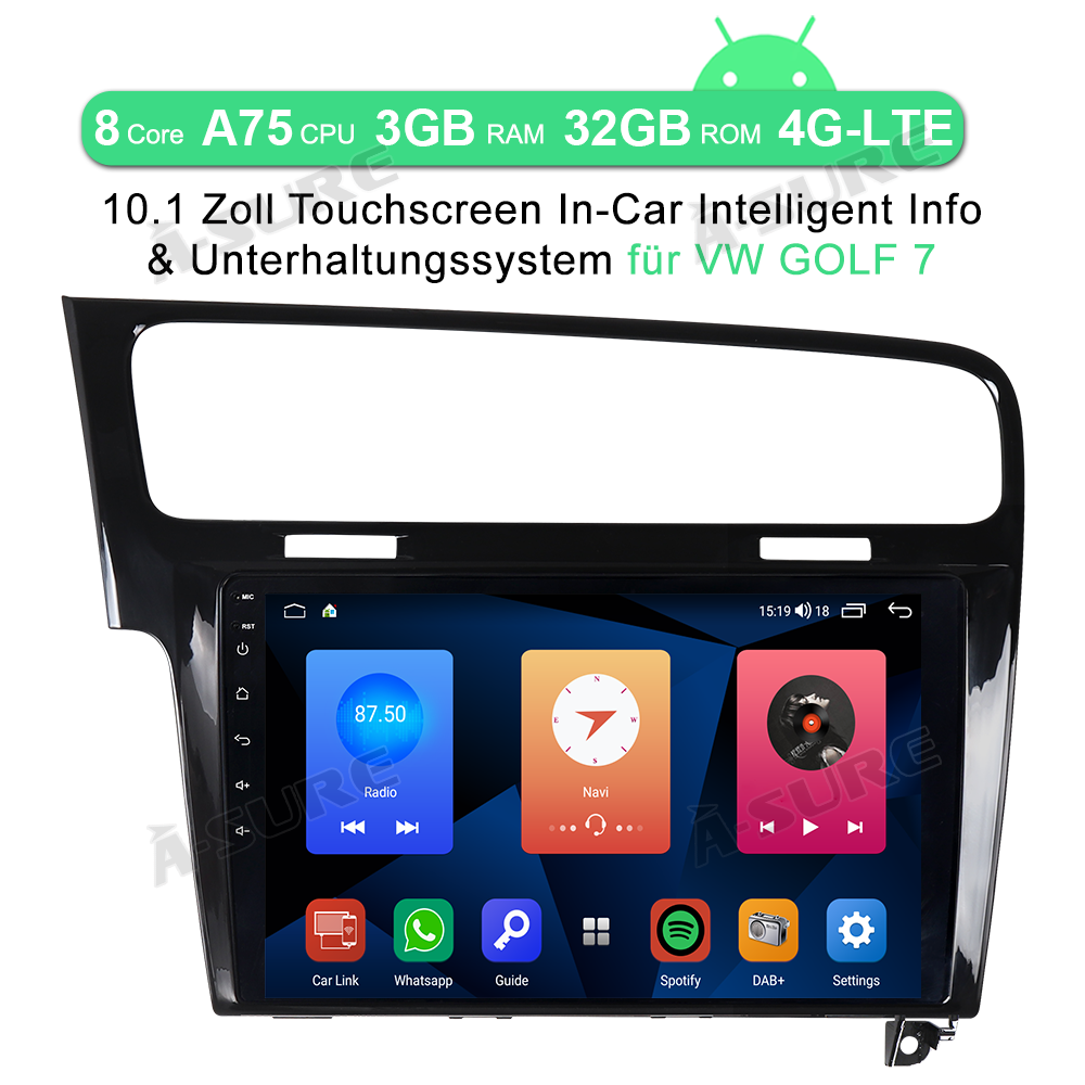 A-Sure GPS Autoradio 10,1 Zoll Android 10 DAB+ VW Golf 7