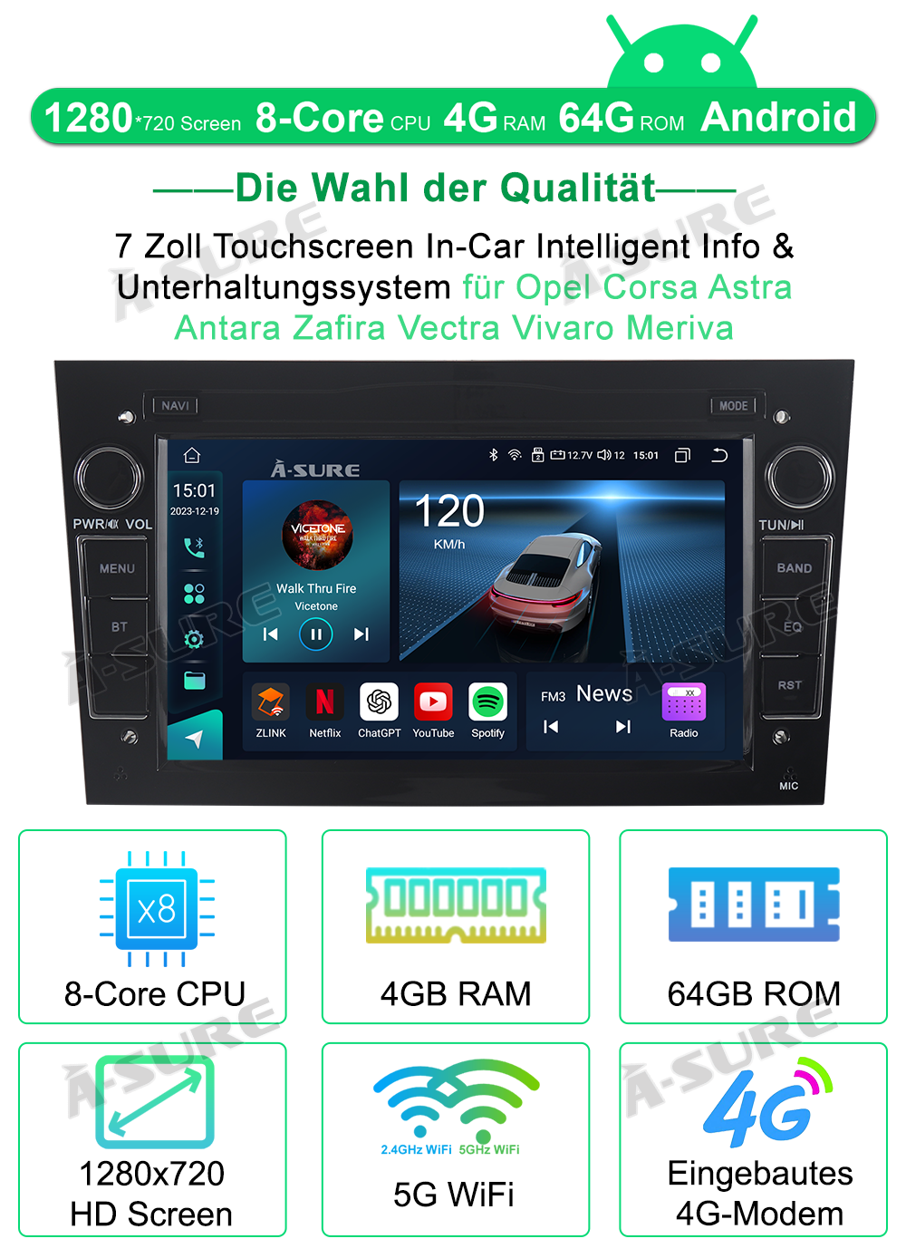 A-Sure GPS 9" Android 13 4+64GB Autoradio für Opel 8-Kern CarPlay