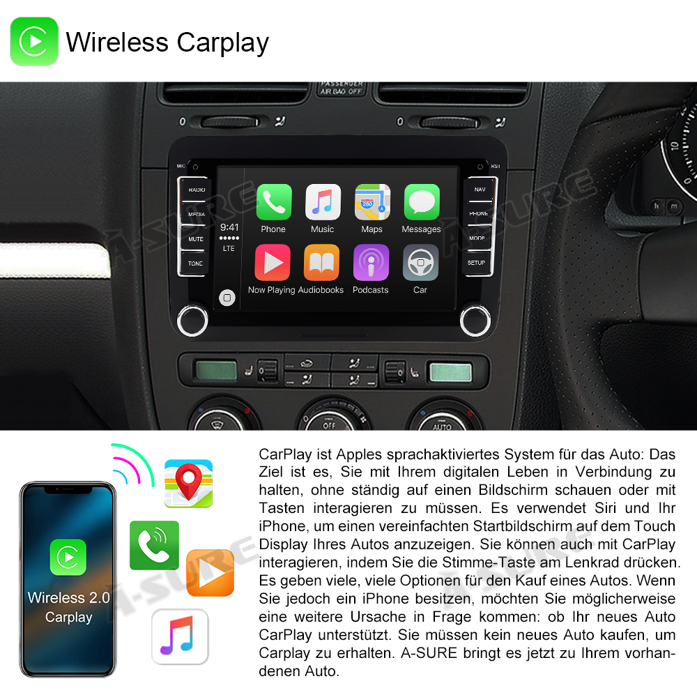 A-Sure GPS 7 Zoll Android 12 Autoradio VW Golf Touran CarPlay