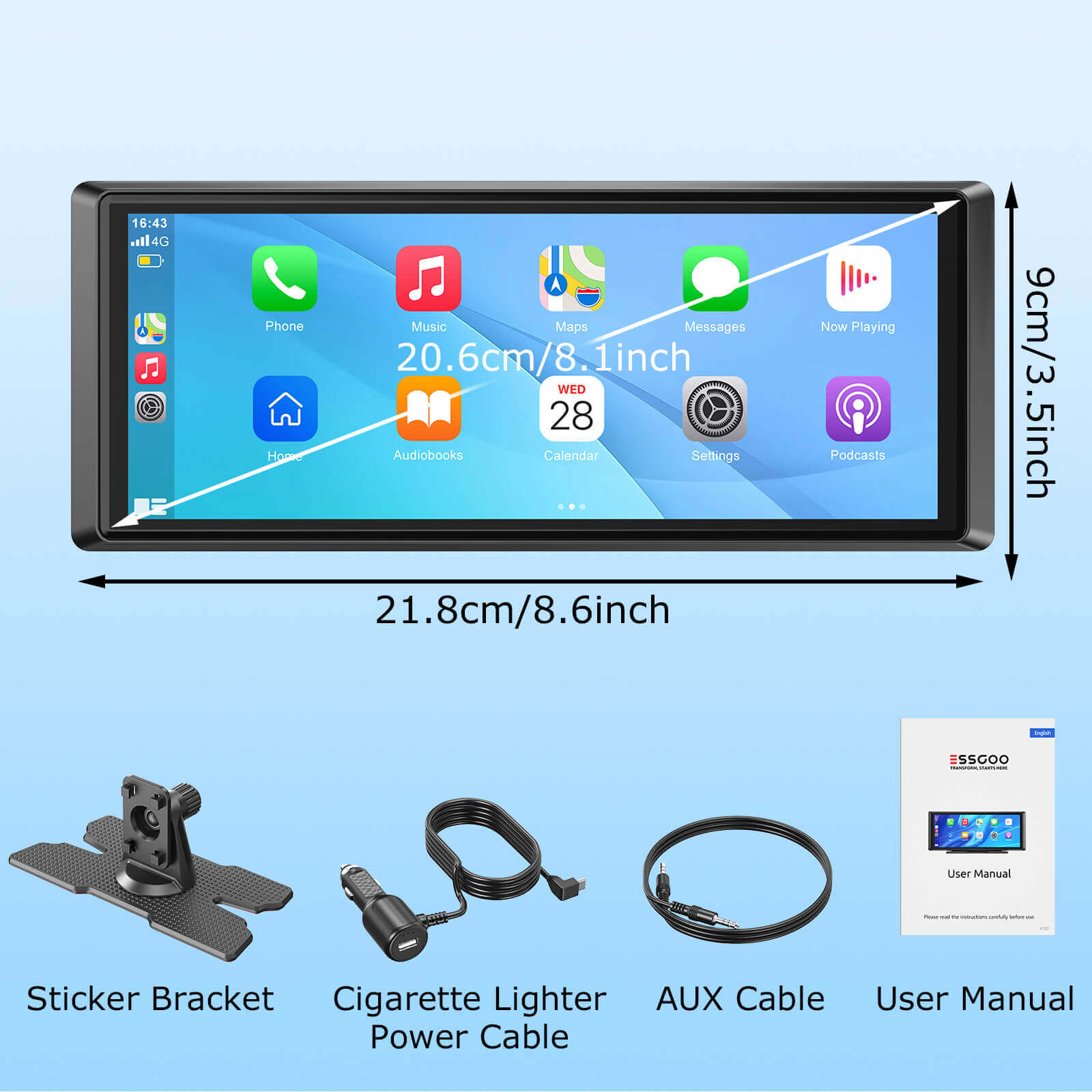 ESSGOO Portable CarPlay E40 CarPlay-Display 8,1 Zoll WLAN